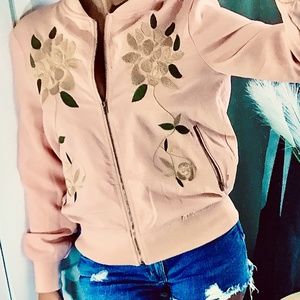 Bomber Jacket Dusty Pink W/Embroidered Flowers